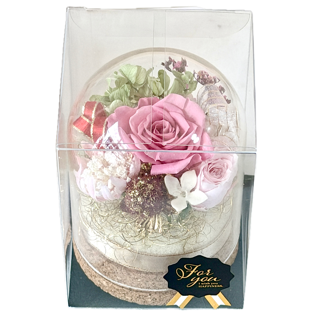 【フラワーカクテル】プリザーブドフラワー ハイブリッドフラワーギフト オリジナルガラスドームA - 画像 (3)