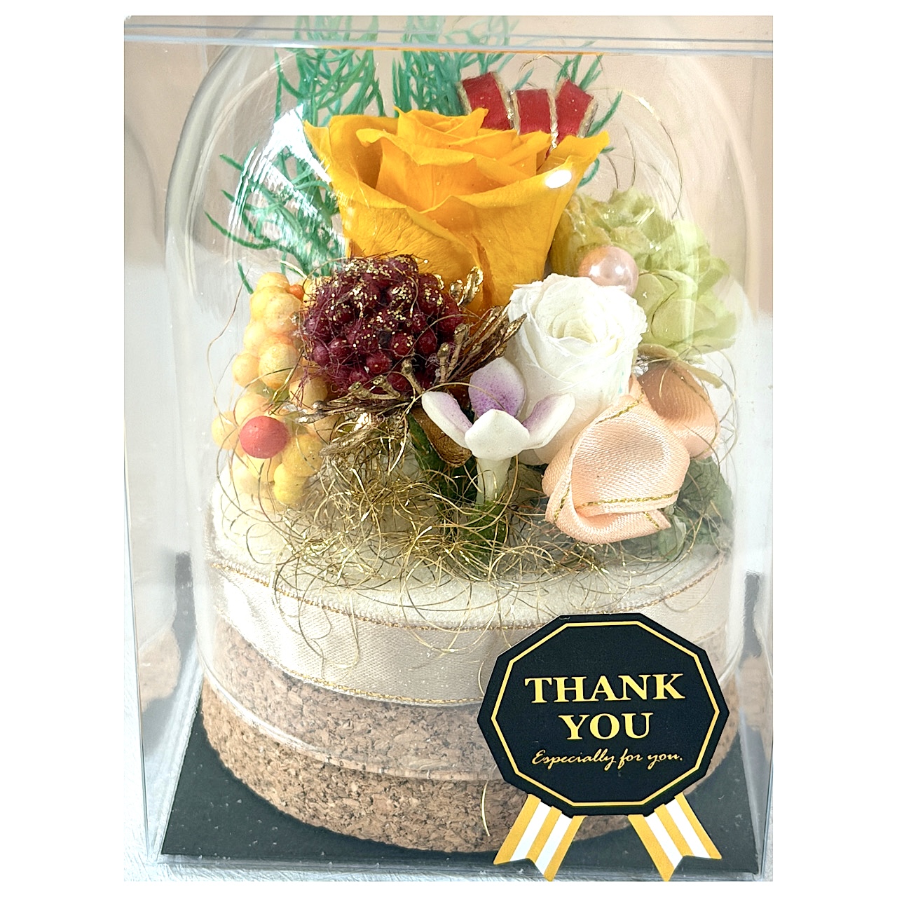 【フラワーカクテル】プリザーブドフラワー ハイブリッドフラワーギフト オリジナルガラスドームC - 画像 (4)